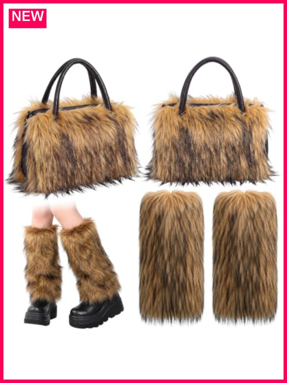 Faux Fur Handbag & Leg Warmers Set Women Winter Tote 2 Pc